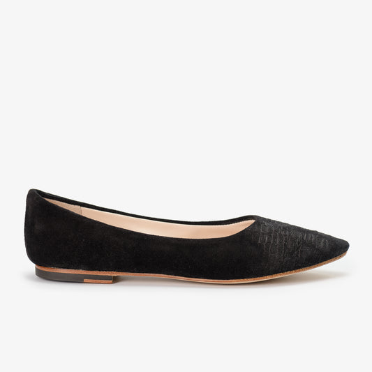 Olivia Crocodile Emboss: Black Suede Leather Pointy Toe Shoes by PikiShoes