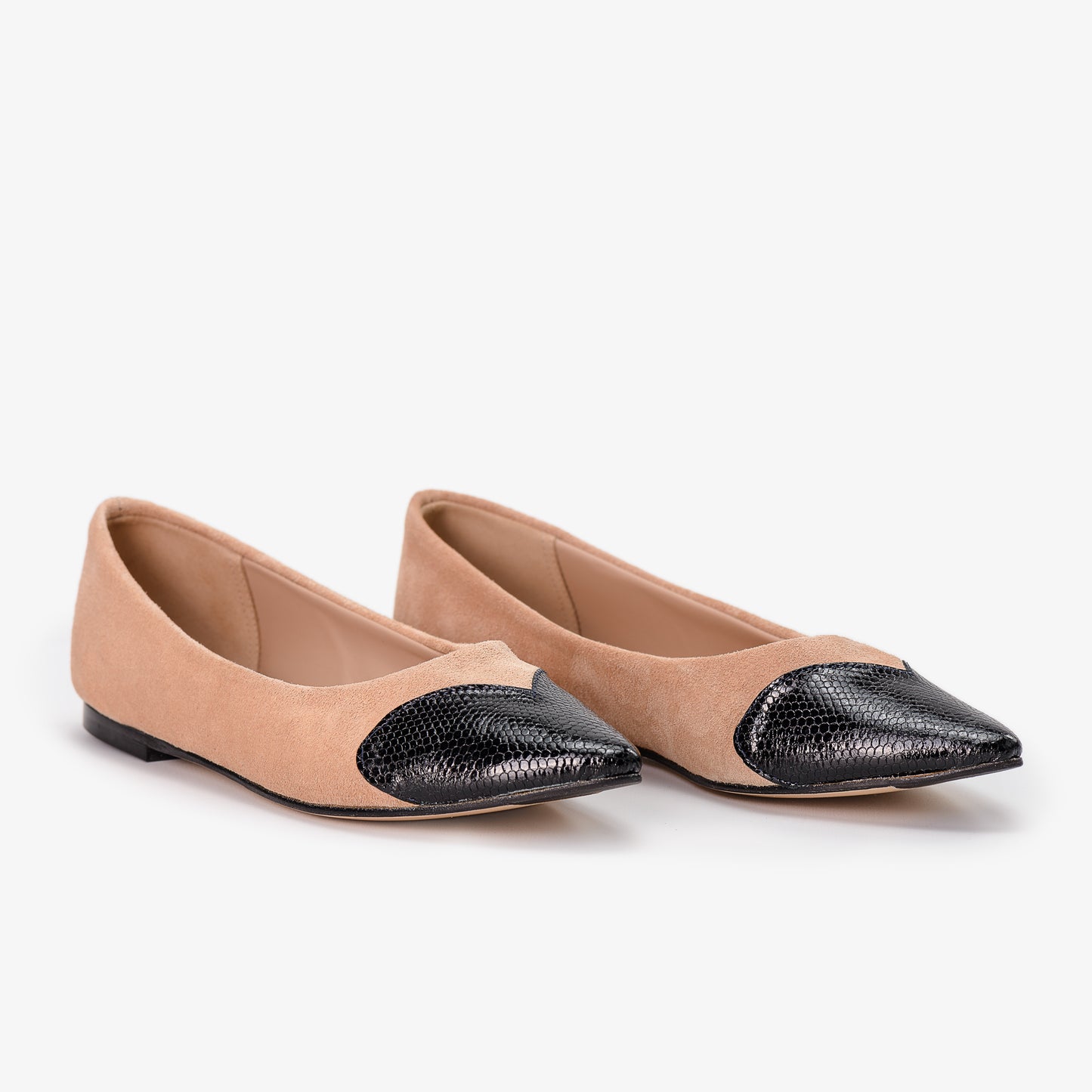 Beige Suede Leather Shoes with Snake Skin Effect Heart Detail