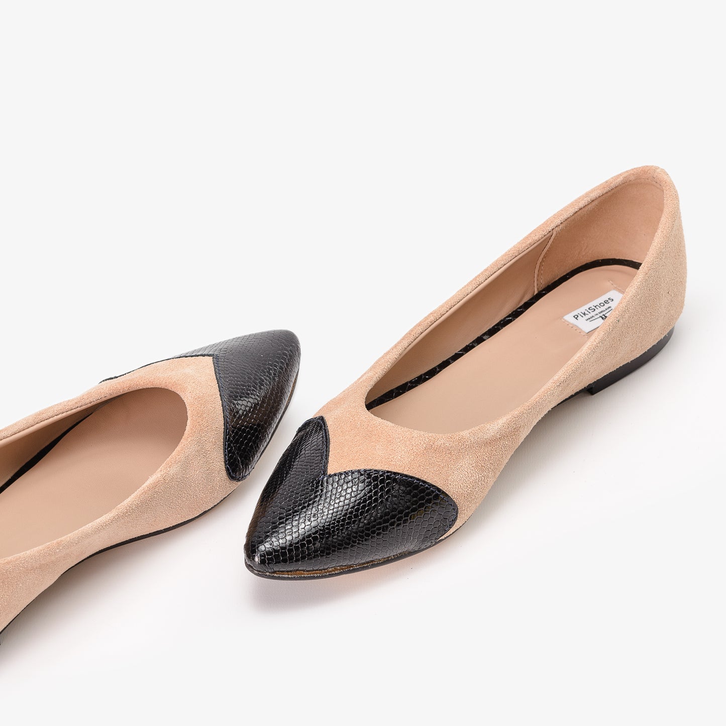 Beige Suede Leather Shoes with Snake Skin Effect Heart Detail