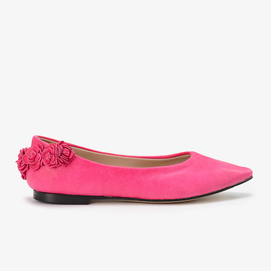 Hot Pink Leather Flat Shoes with 3D Tea Rose Detail