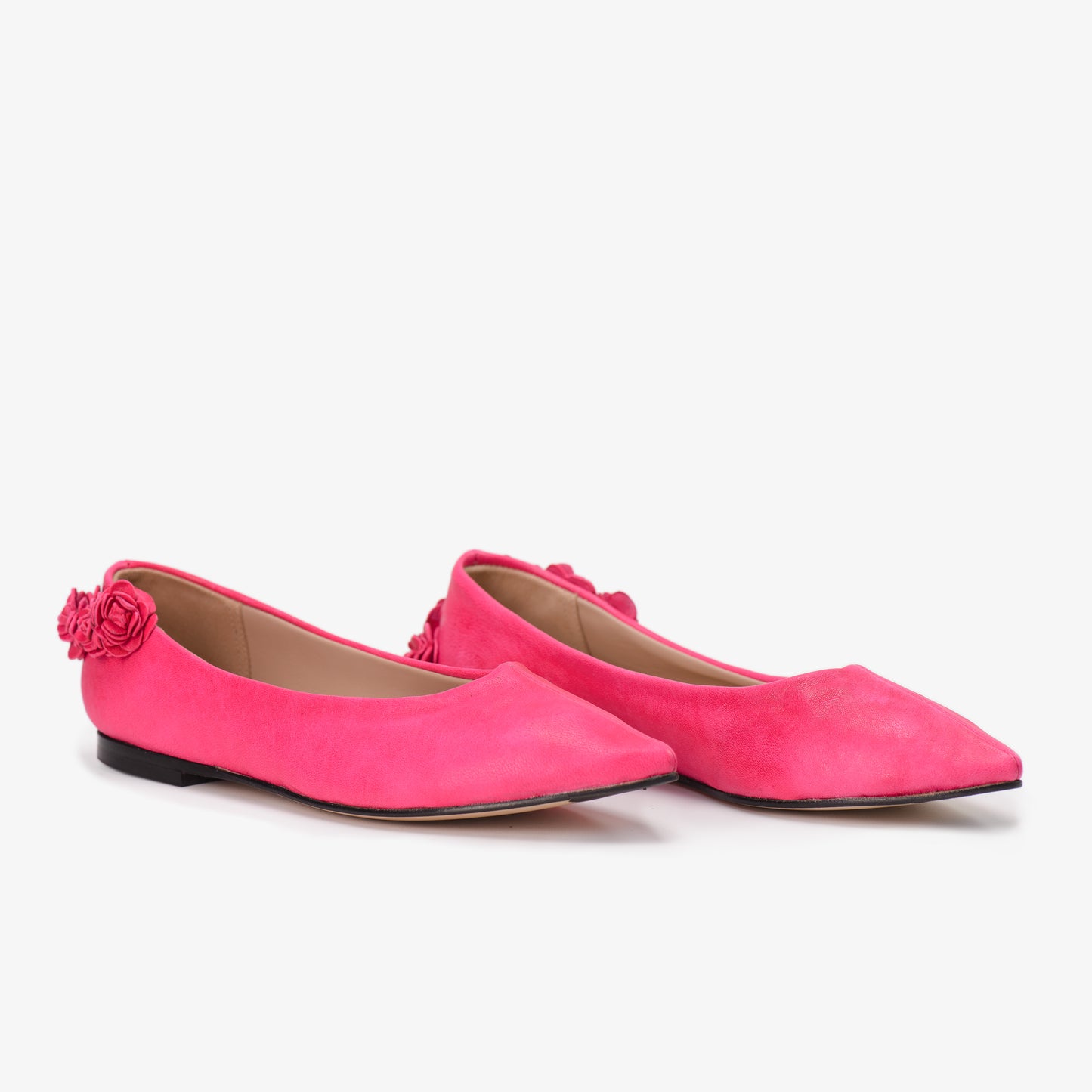 Hot Pink Leather Flat Shoes with 3D Tea Rose Detail