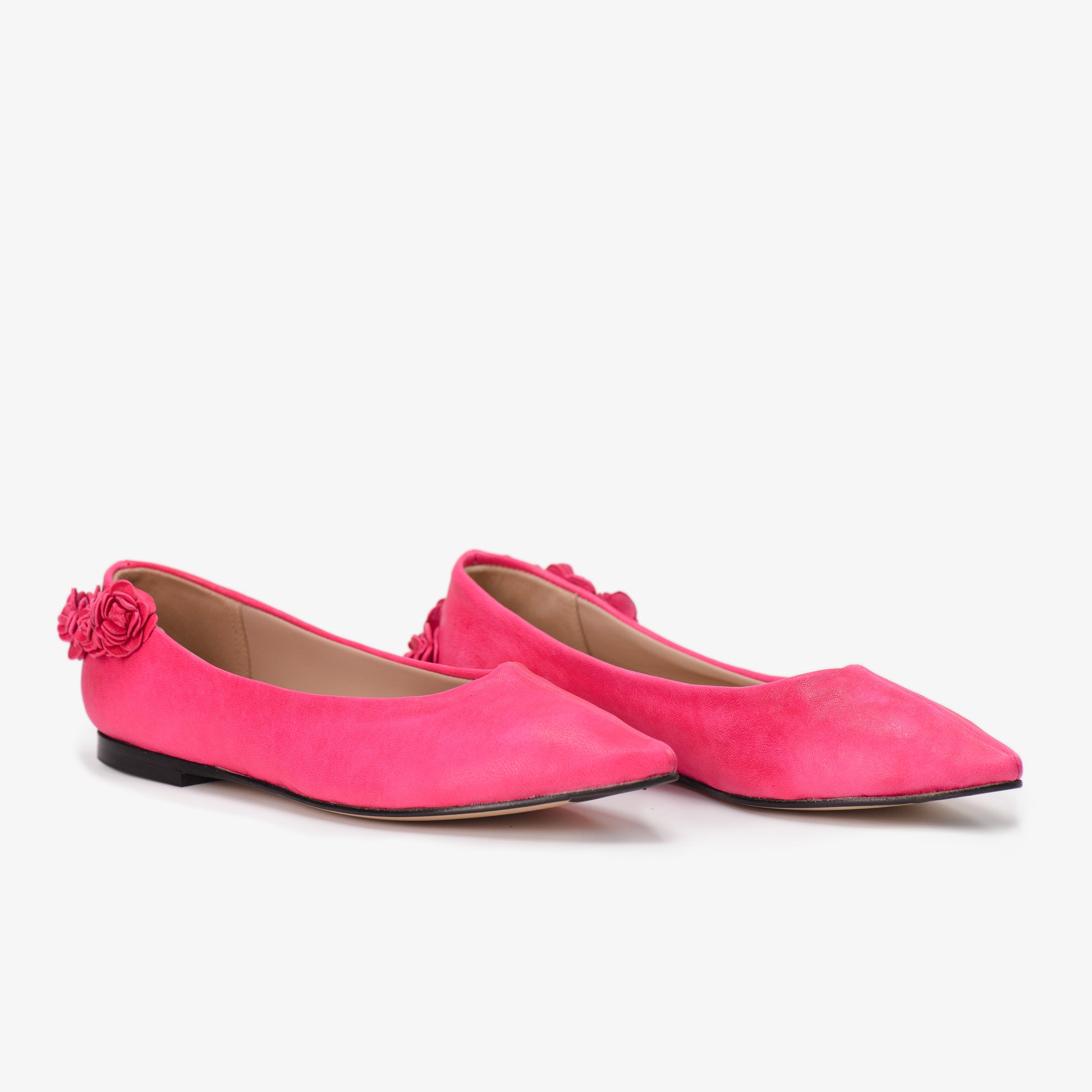 Hot Pink Leather Flat Shoes with 3D Tea Rose Detail