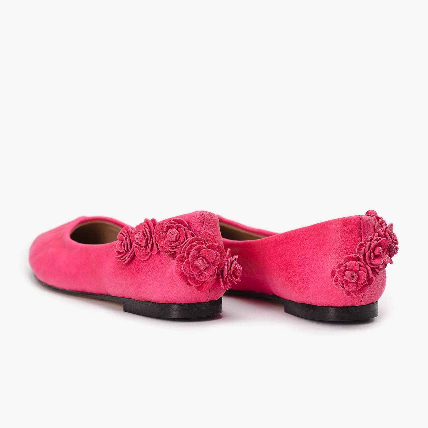 Hot Pink Leather Flat Shoes with 3D Tea Rose Detail