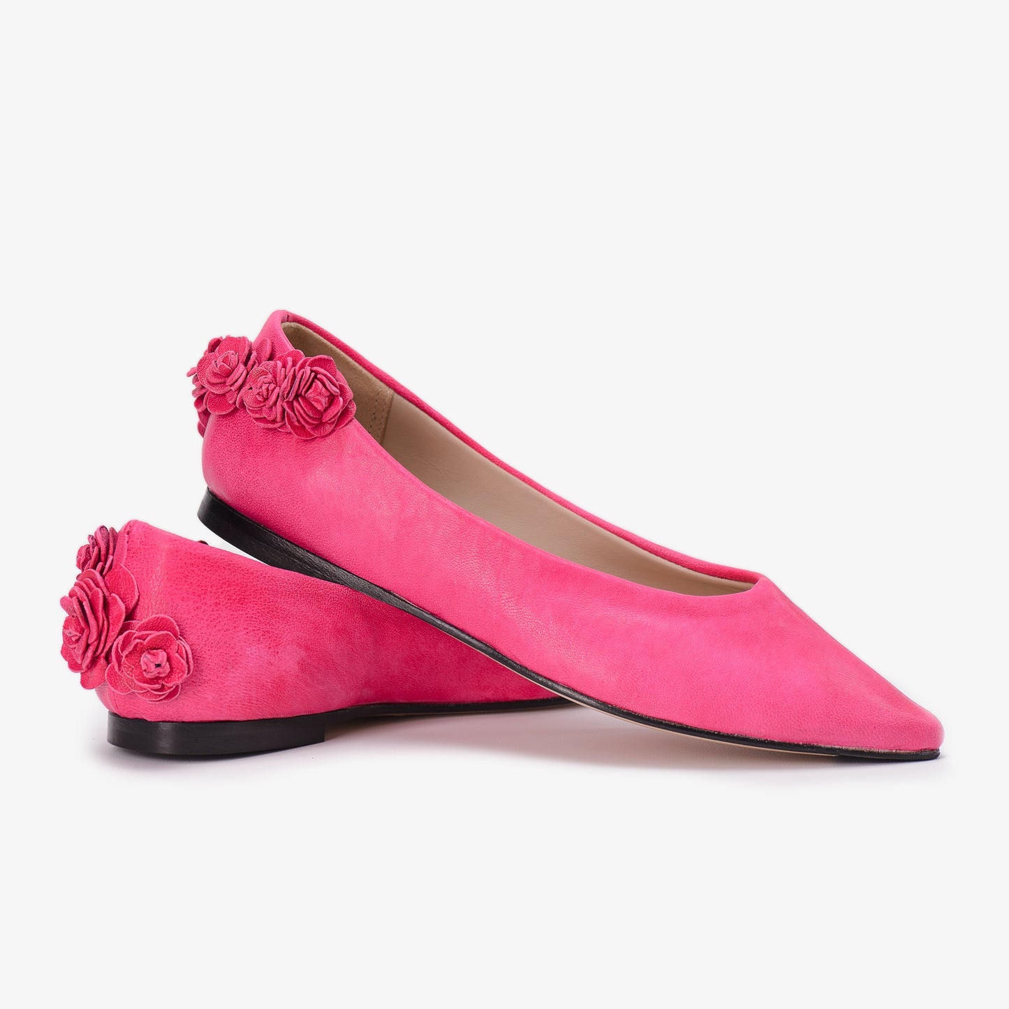 Hot Pink Leather Flat Shoes with 3D Tea Rose Detail