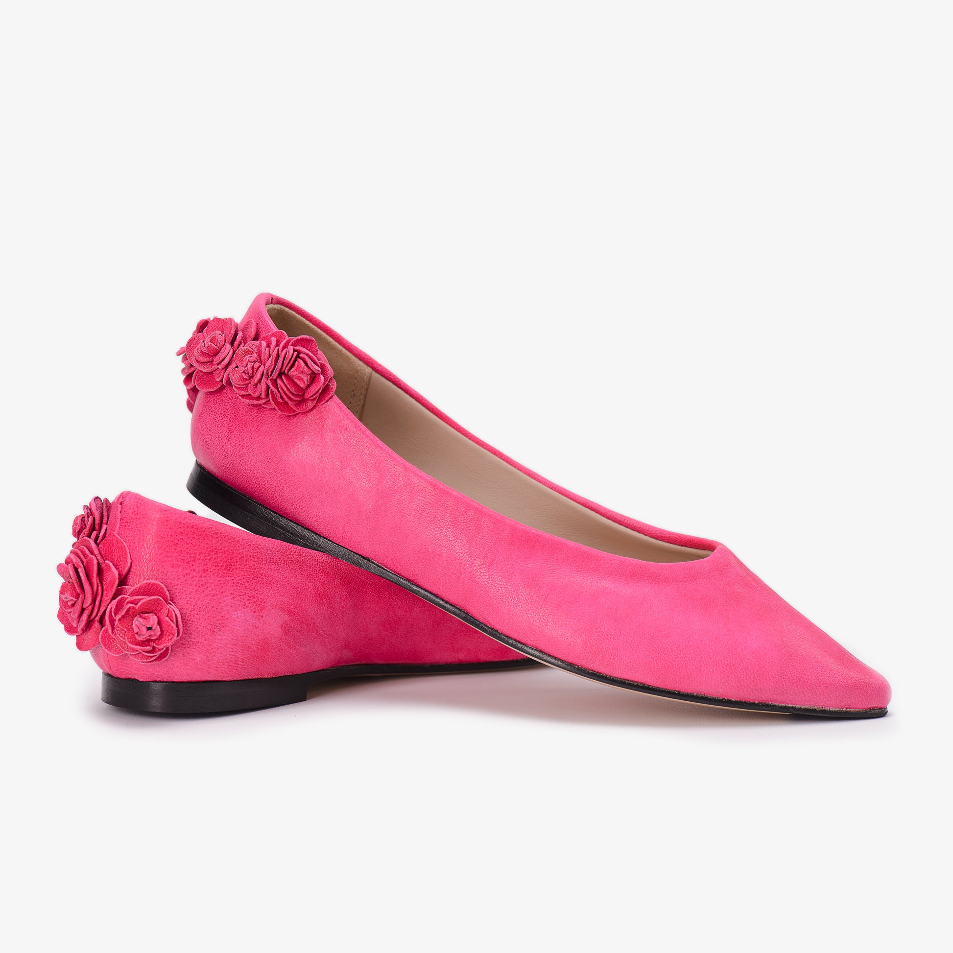 Hot Pink Leather Flat Shoes with 3D Tea Rose Detail