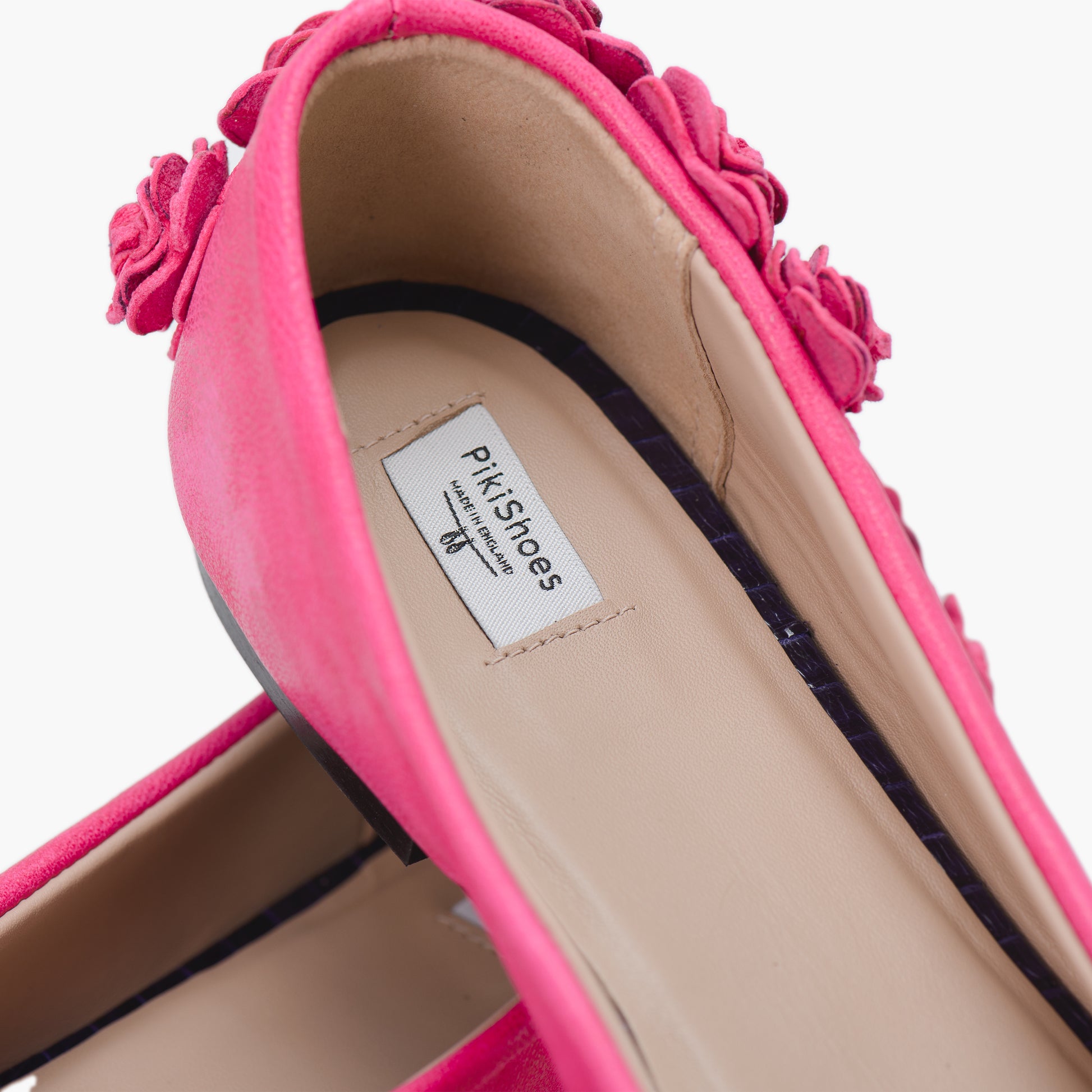 Hot Pink Leather Flat Shoes with 3D Tea Rose Detail